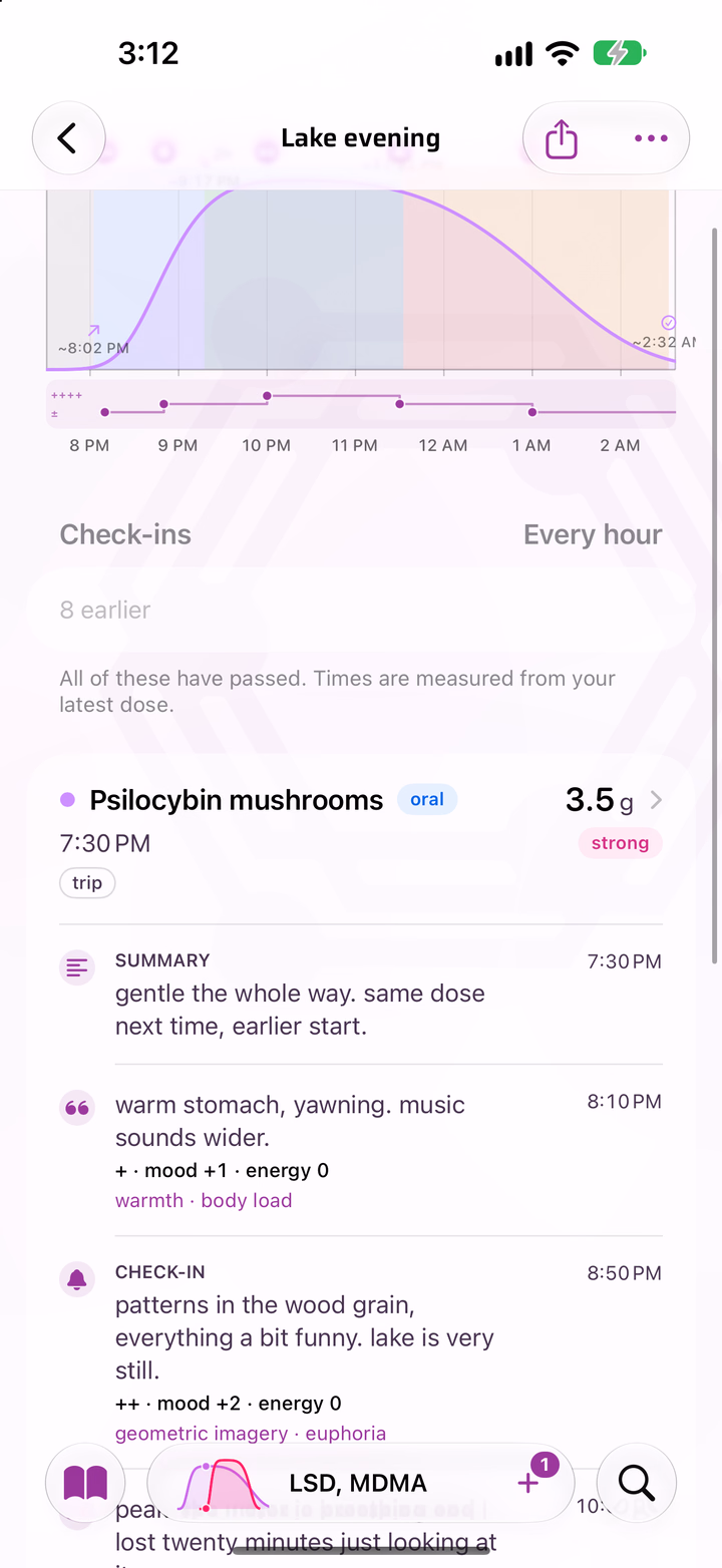 A Piru session with its summary and timestamped trip notes